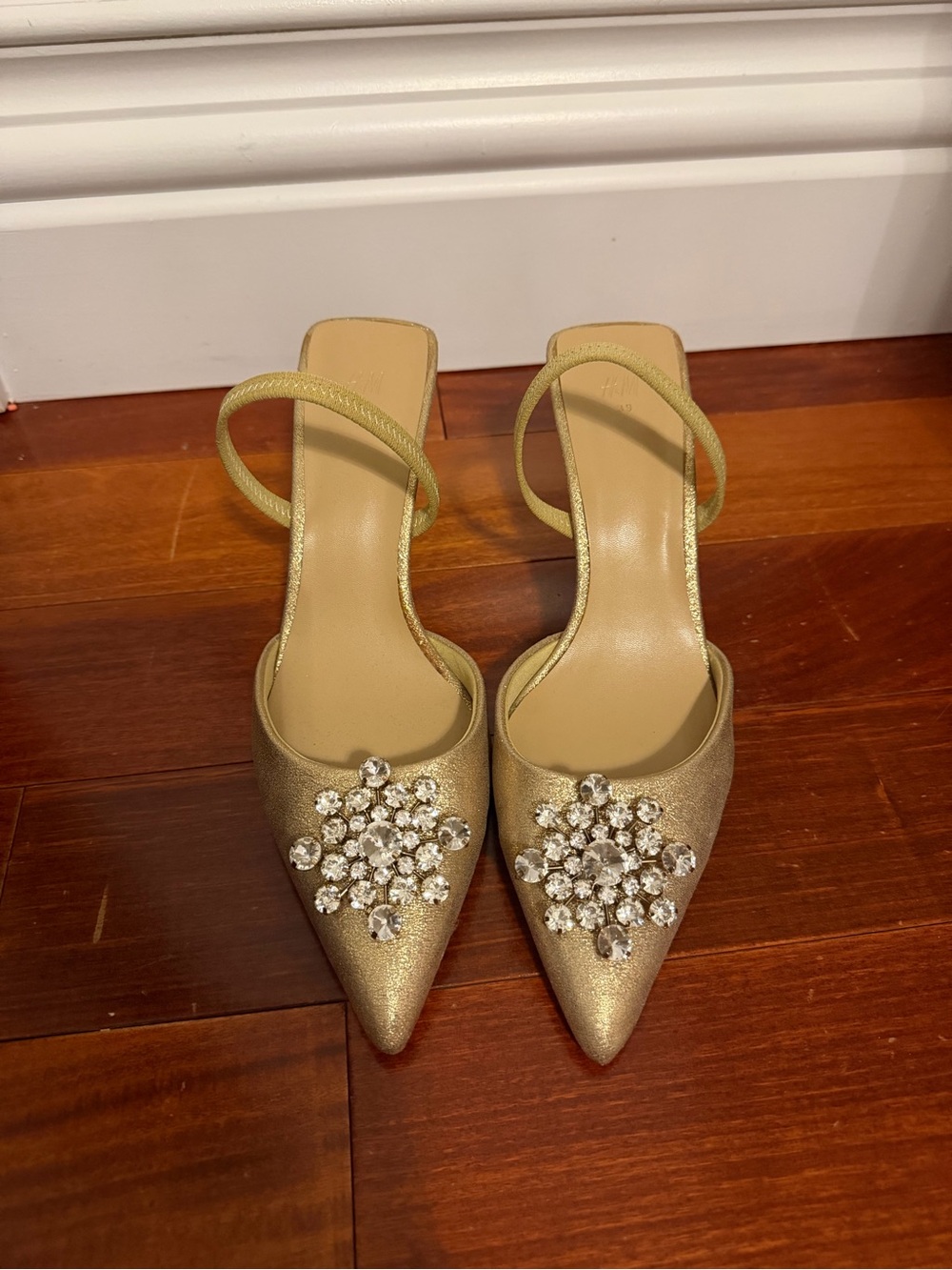 H&M Gold Pointed Crystal Embellished Slingback Heels - Women